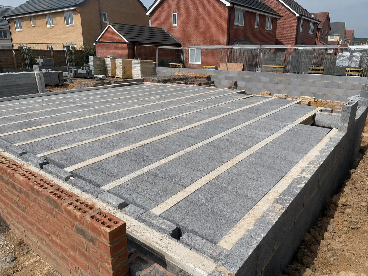 Newly installed block and beam suspended ground floor on a UK residential construction site.
