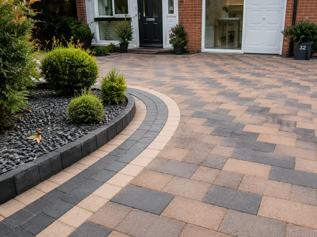 Block paved driveway with contrasting borders and landscaped planting outside a home in Oxford.