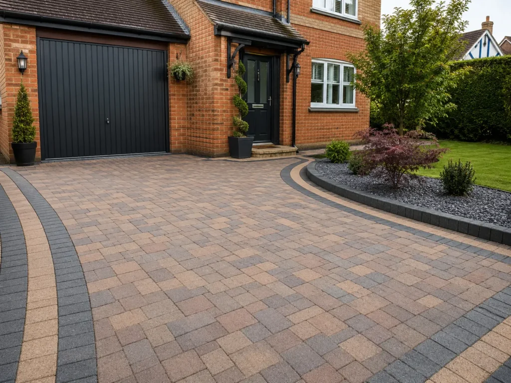 Block paved driveway with contrasting borders outside a brick Oxford home