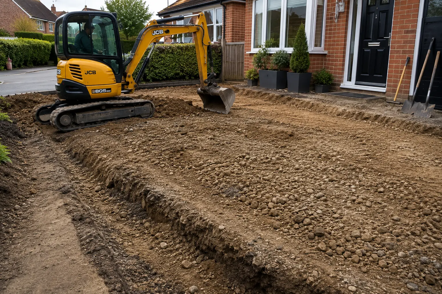 Excavator preparing the ground for a new block paving driveway