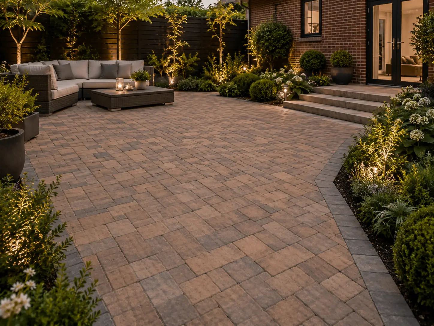 Block paving patio with landscaped garden in Oxford.