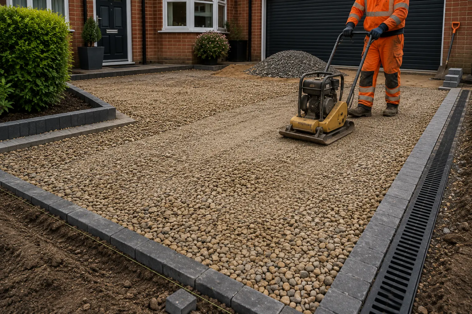 Compacting the sub-base during preparation for a block paving driveway in Oxford.