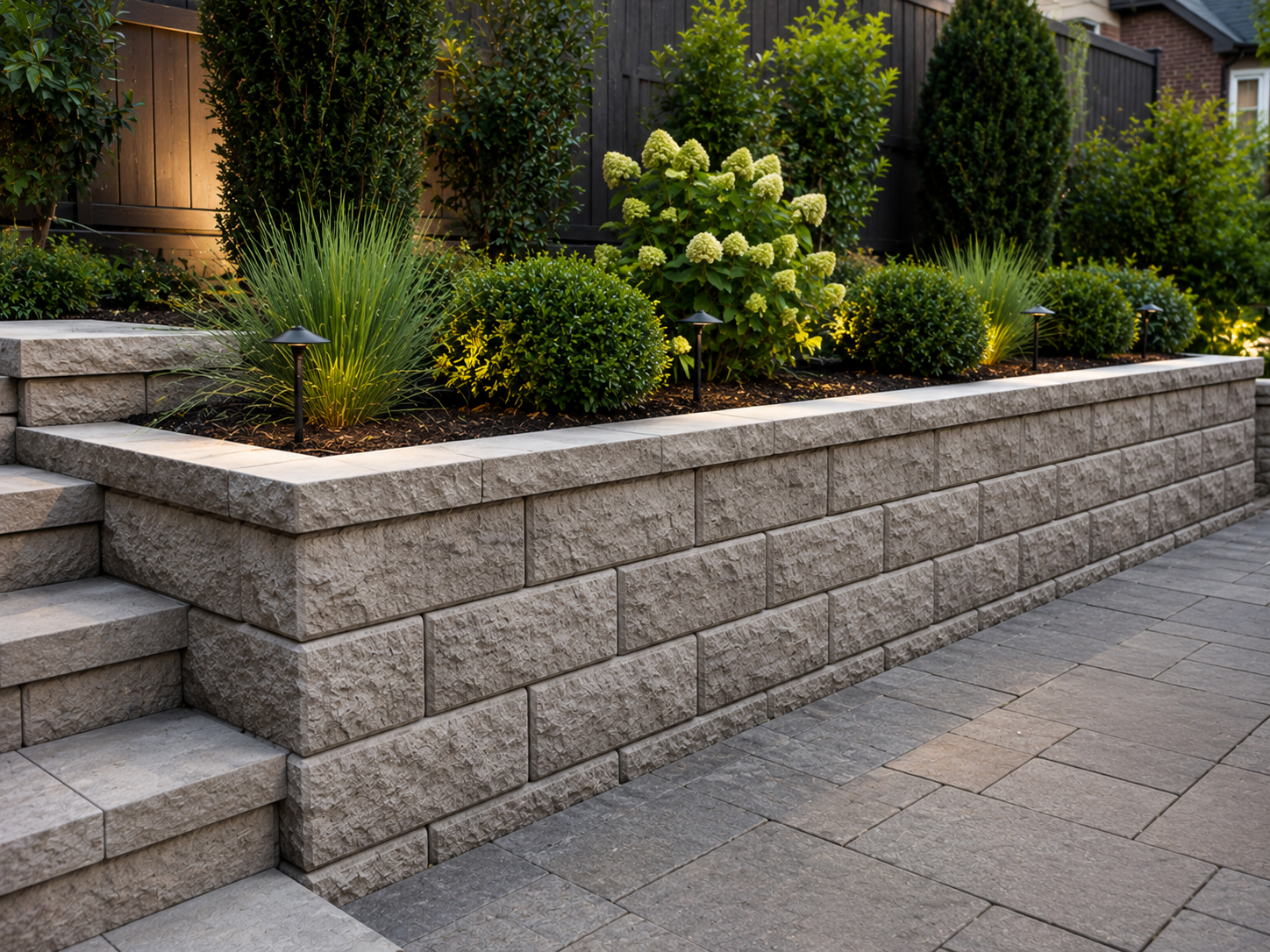 Block and stone retaining wall construction with landscaped garden beds and paved outdoor area.