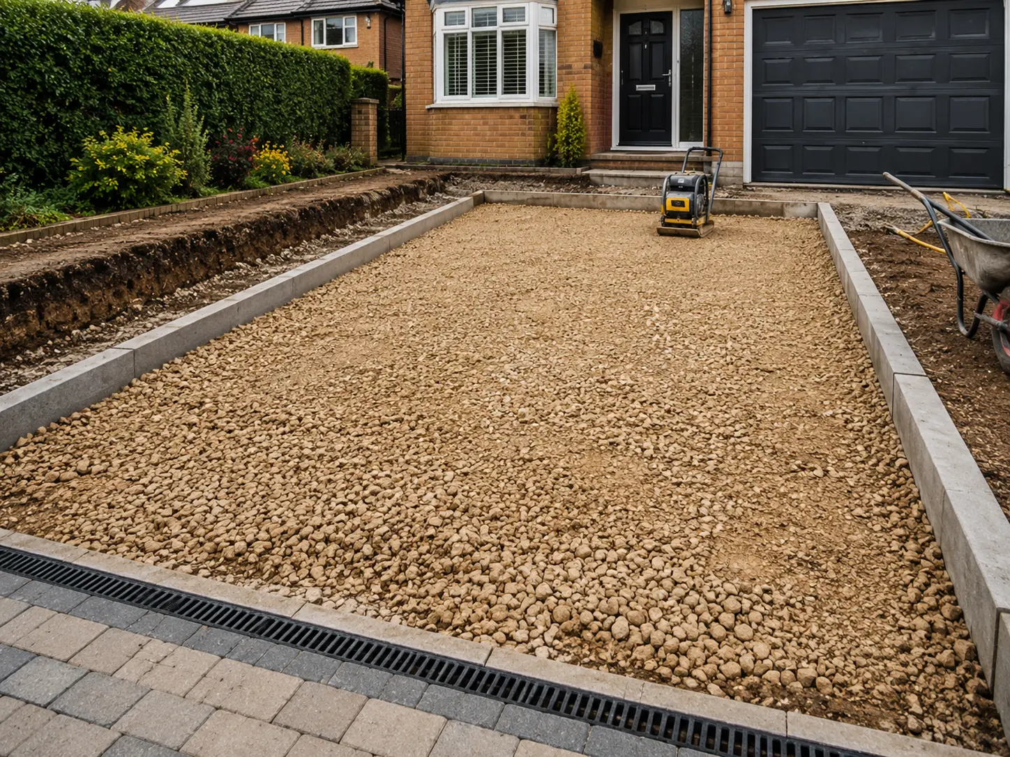 Driveway ground preparation with compacted sub-base ready for block paving installation in Oxford.