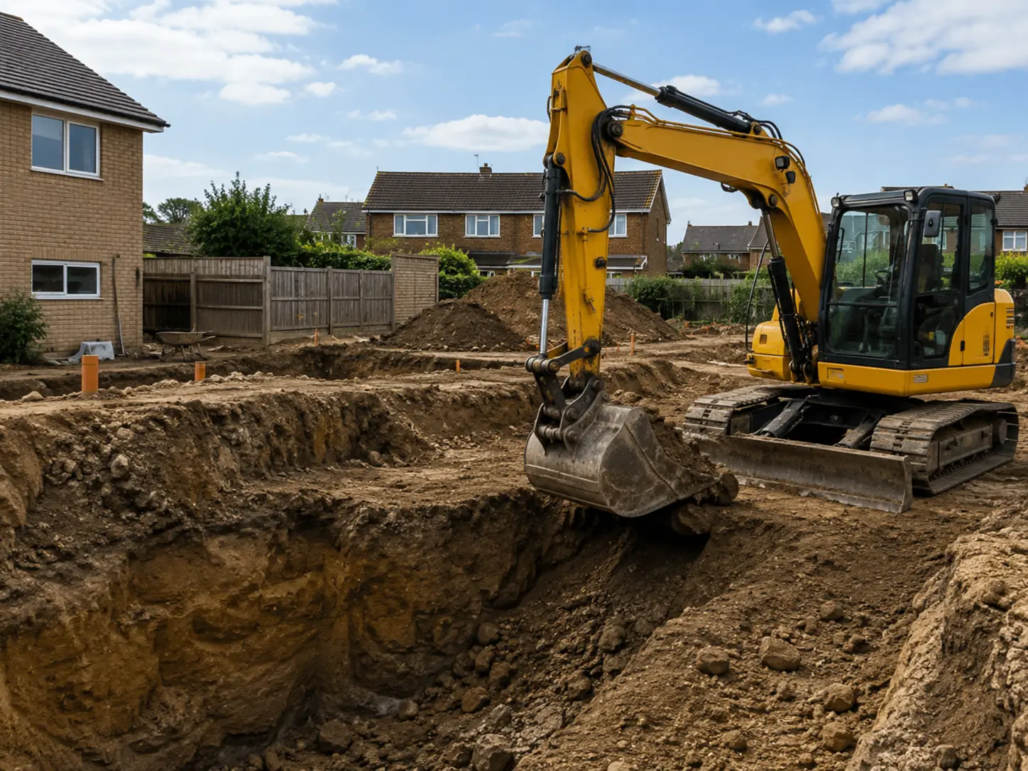 Excavator carrying out ground excavation on a residential construction site in Oxford.