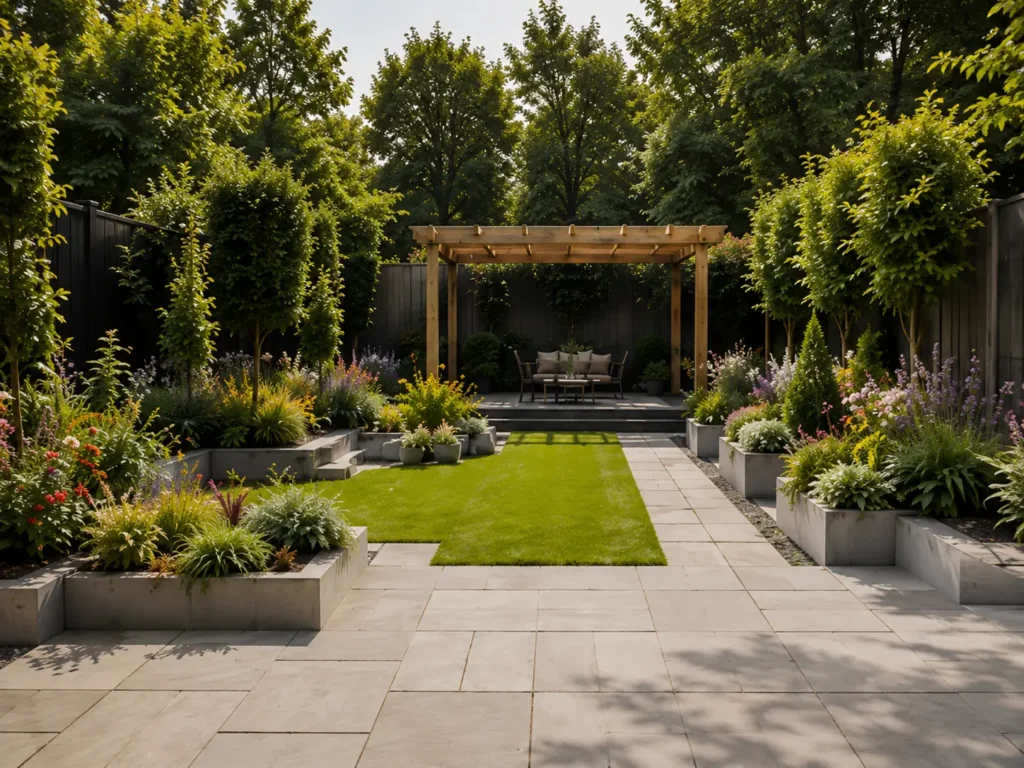 Garden designer project in Oxford with patio, lawn and planting.