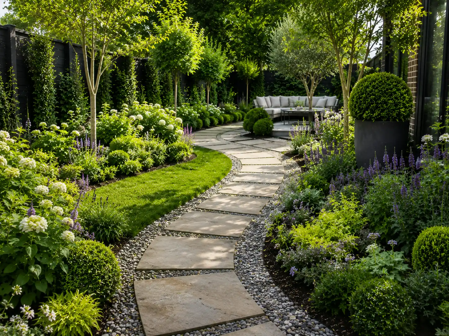 Garden paths and landscaping features in Oxford with stone walkway and planting.