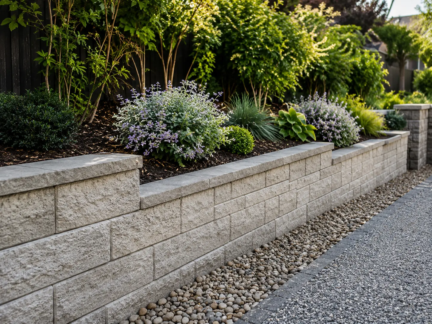 Garden retaining wall construction in Oxford with stone wall, planting beds and landscaped outdoor space.