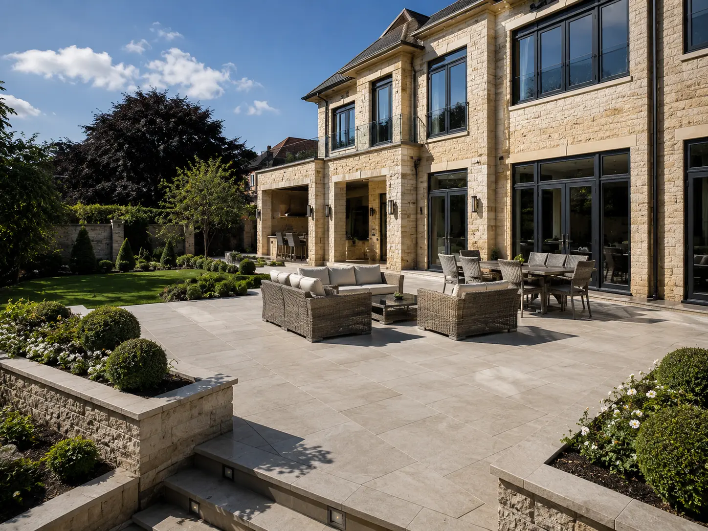 Luxury porcelain patio and landscaped Oxford estate garden.