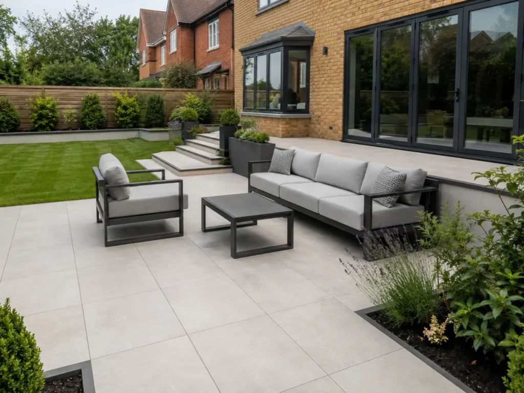 Modern porcelain patio installation in Oxford garden.