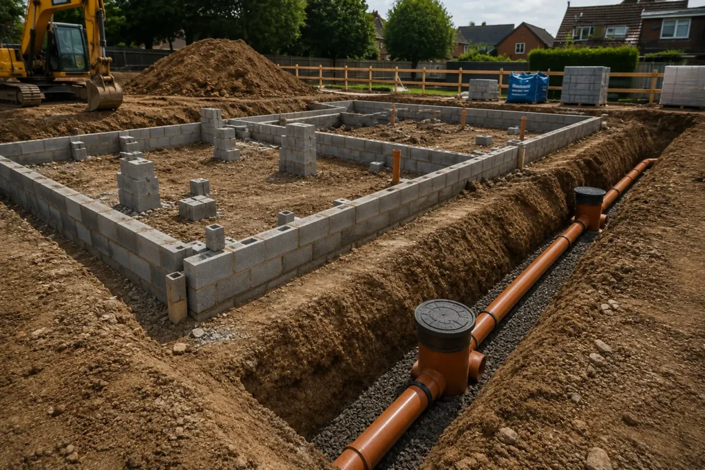 Residential groundworks with foundations and drainage installation in Oxford and West London.