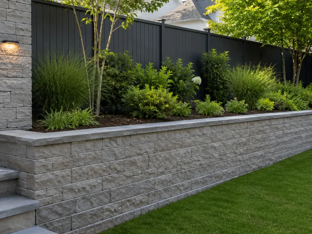 Retaining wall construction in Oxford garden with stone wall, steps and landscaped planting.