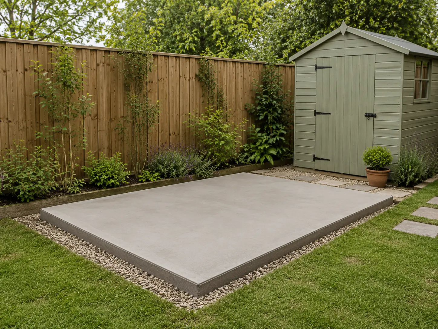 Shed base construction with level foundation in Oxford garden.