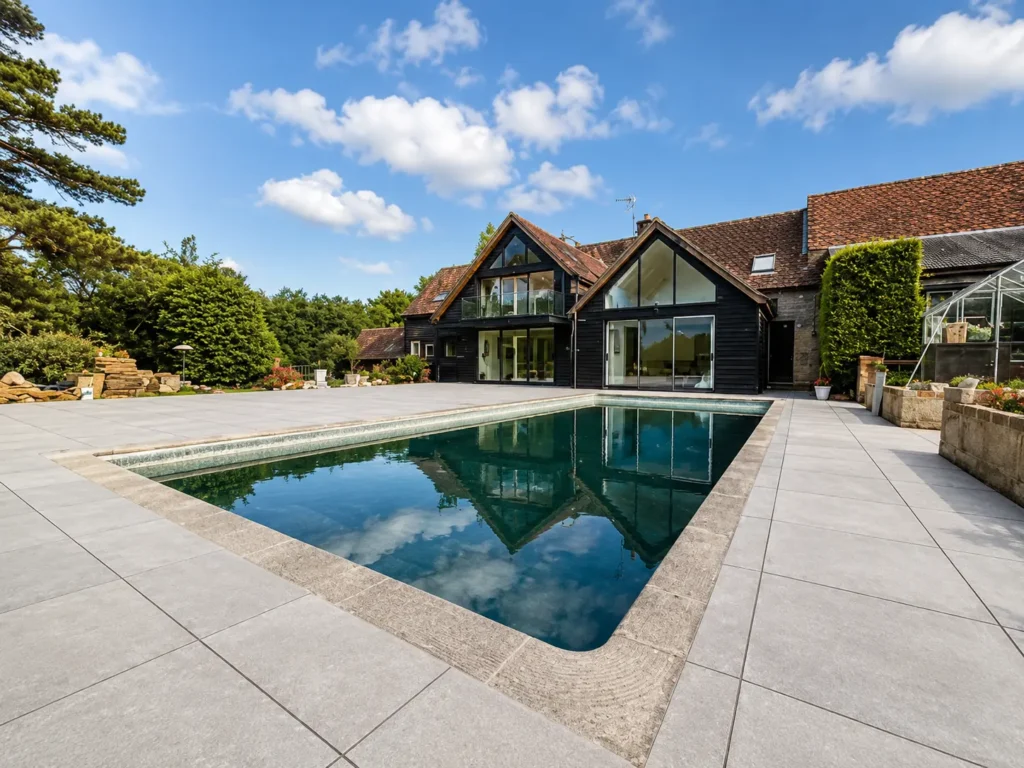 Paved patio surrounding an outdoor swimming pool at a home in Oxford