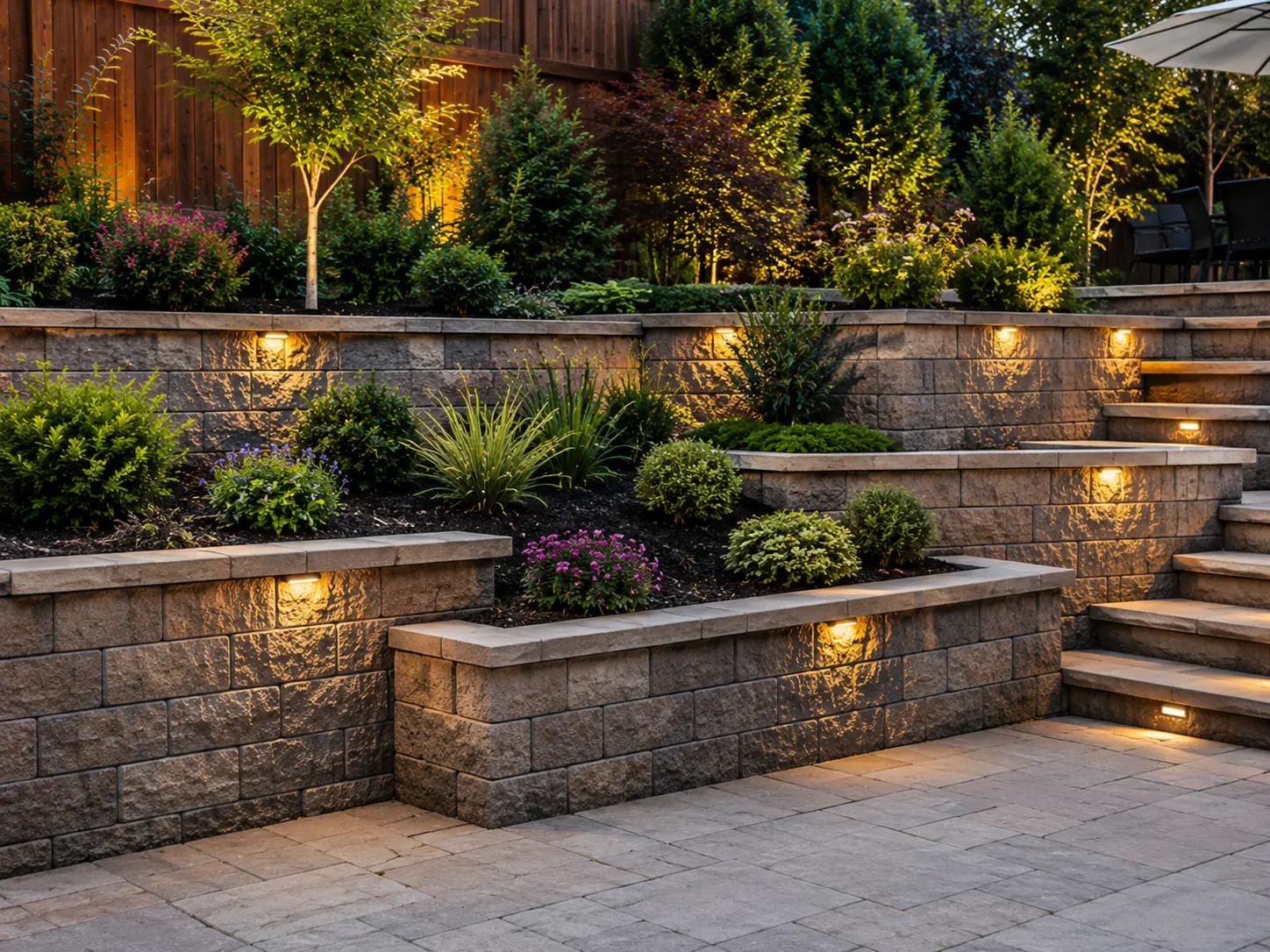 Tiered retaining wall construction with multi-level garden design, stone walls and landscaped planting areas.