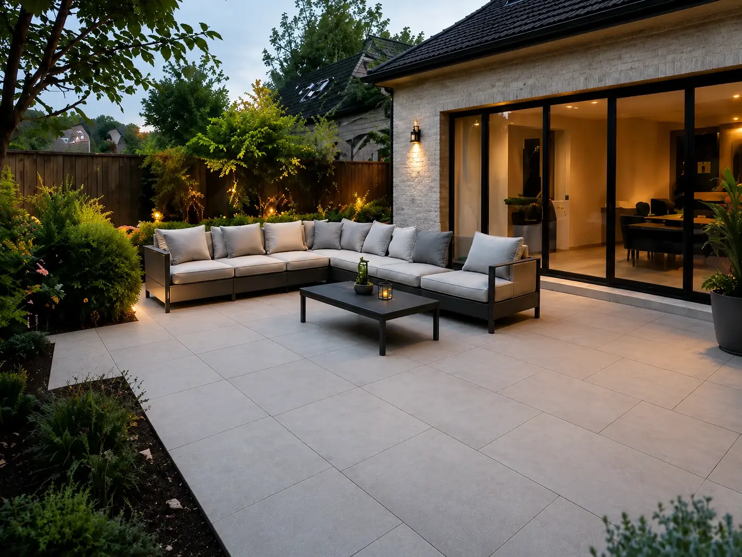 Modern porcelain patio with large light grey paving slabs, outdoor seating area and landscaped garden at an Oxford home.